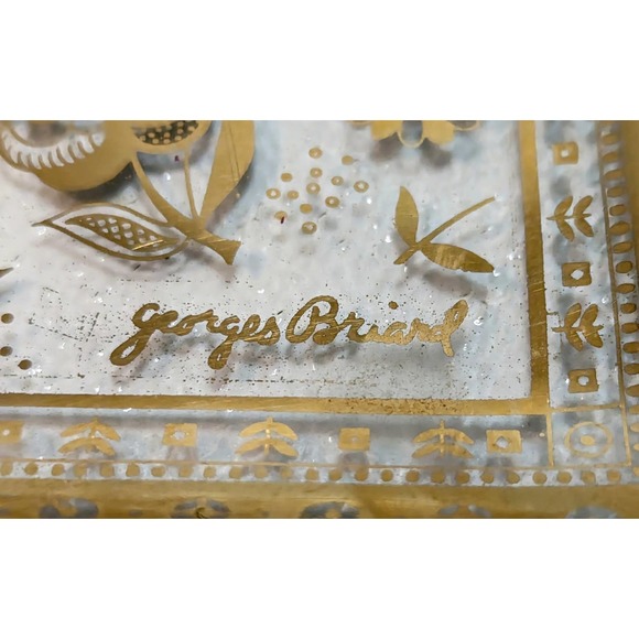 Vintage MCM Georges Briard Persian Garden Gold Gilt Floral Glass Tray Signed - Picture 2 of 5